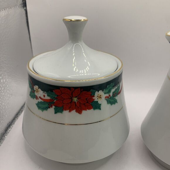 Vintage Tienshan Deck The Halls Christmas China Cream and Sugar Set - Picture 2 of 9